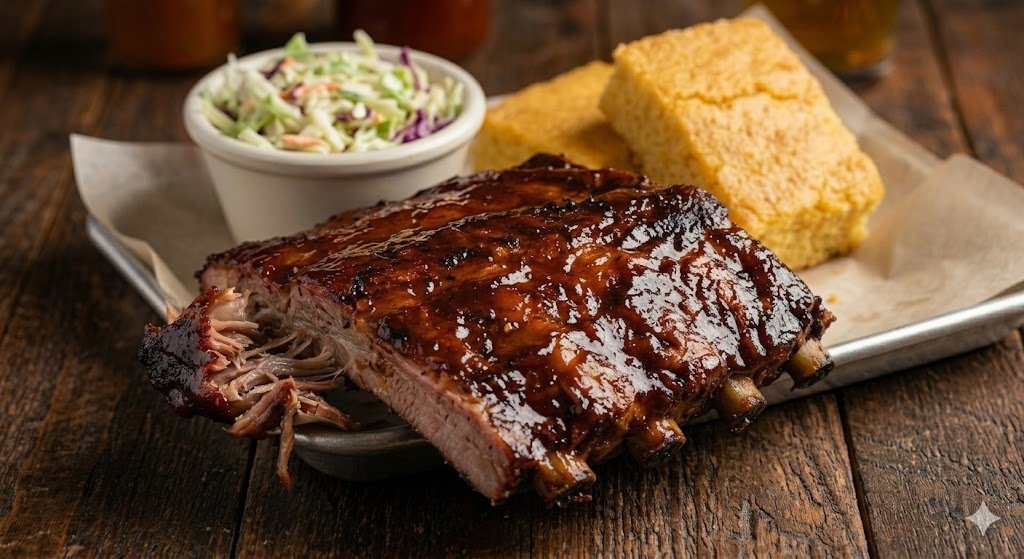 Ribs,cornbread, and coleslaw